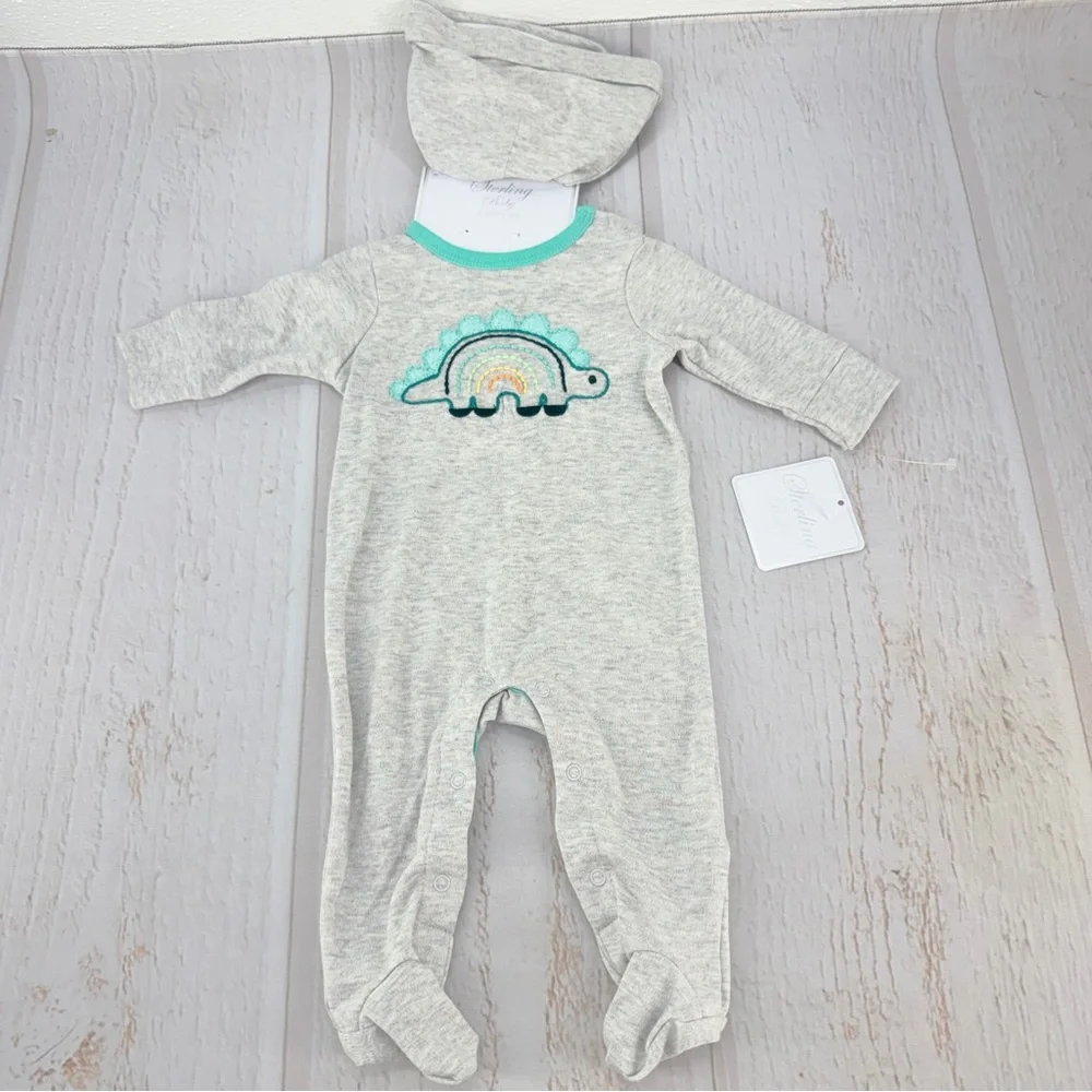 Sterling Baby‎ NB Dinosaur Footed Sleeper Hat Set Gray